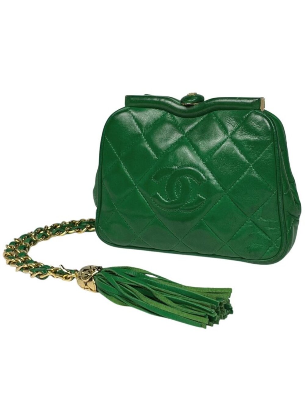 Chanel CC Logo Chain Shoulder Bag 2-Way Kiss Lock Leather Green